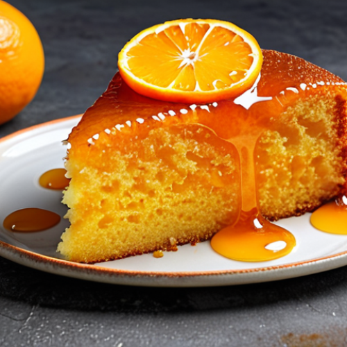Home 11 A moist orange cake with a crispy crust, featuring fresh organic oranges (Navel or Valencia preferred), highlighting the zest. The cake is glazed with a vibrant orange syrup, emphasizing its juicy texture.