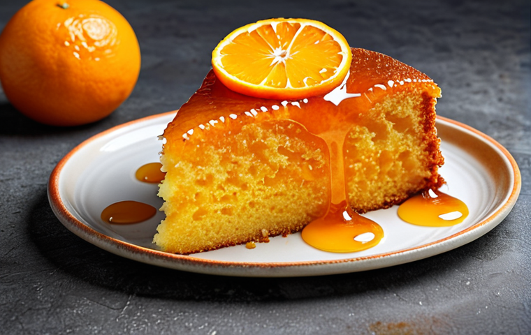 A moist orange cake with a crispy crust, featuring fresh organic oranges (Navel or Valencia preferred), highlighting the zest. The cake is glazed with a vibrant orange syrup, emphasizing its juicy texture.