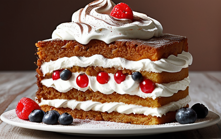 **A close-up of a moist sponge cake topped with generous swirls of soft, white whipped cream.** Focus on highlighting the texture of the cake and the creamy richness of the whipped cream. Consider including fresh berries or a light dusting of cocoa powder for visual appeal.