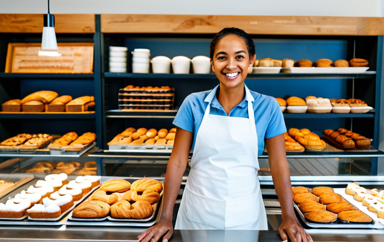 **
"A brightly lit, inviting local bakery interior, showcasing shelves filled with diverse pastries and desserts. A fully clothed female baker in a professional, modest apron smiles warmly at the viewer. Focus on the variety of affordable and delicious treats. safe for work, appropriate content, fully clothed, family-friendly, professional photography, perfect anatomy, correct proportions, natural pose, well-formed hands, proper finger count, natural body proportions"
**