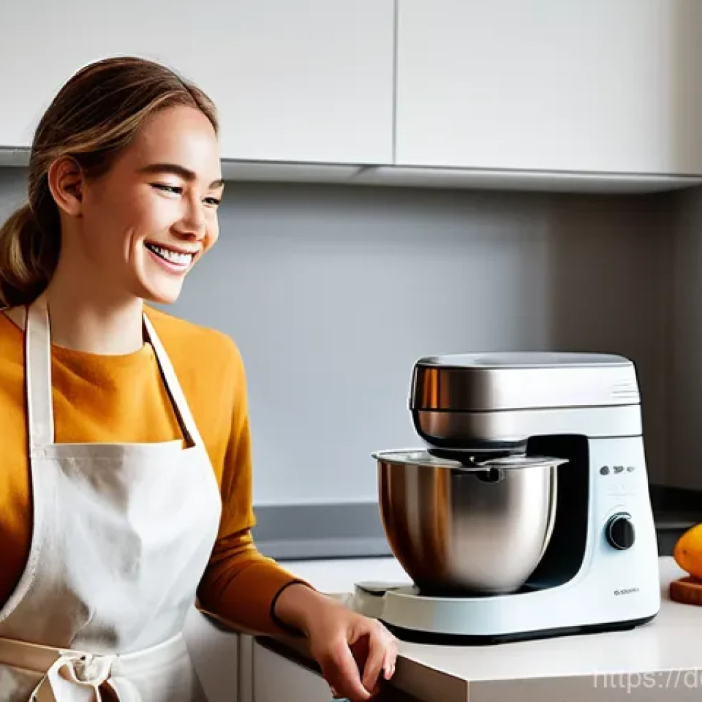 제빵 기계 추천 - **Prompt:** A young, happy female baker, dressed in a casual yet stylish apron, stands in a brightly...