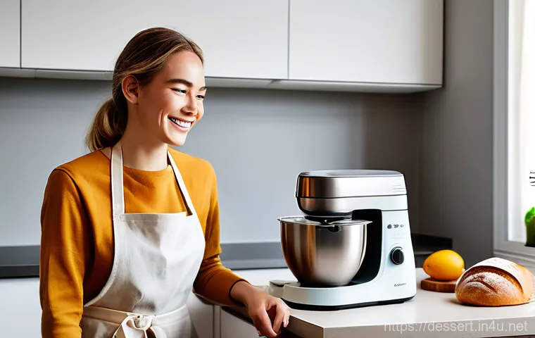 제빵 기계 추천 - **Prompt:** A young, happy female baker, dressed in a casual yet stylish apron, stands in a brightly...