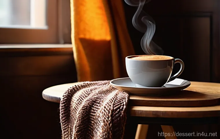 디저트와 음료 페어링 - **Prompt 1: Cozy Autumn Coffee and Chocolate Dessert Pairing**
A close-up shot of a steaming cup...