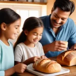 가정용 제빵기 - A cozy, warm kitchen in the morning, filled with soft, golden light. On a wooden counter, a family (...