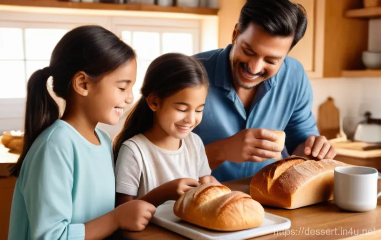 가정용 제빵기 - A cozy, warm kitchen in the morning, filled with soft, golden light. On a wooden counter, a family (...