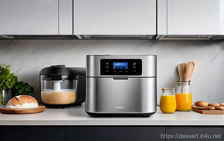 가정용 제빵기 - A cozy, warm kitchen in the morning, filled with soft, golden light. On a wooden counter, a family (... 가정용 제빵기 - A cozy, warm kitchen in the morning, filled with soft, golden light. On a wooden counter, a family (...