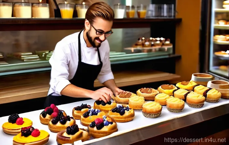 고급 디저트 판매처 - **Prompt 1: Cozy Artisan Cafe and Delectable Handmade Desserts**
A warm, inviting scene inside a...