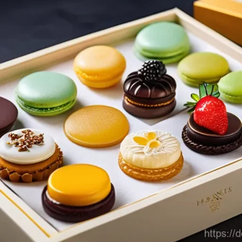Home 22 프리미엄 디저트 상자 - A beautifully arranged premium dessert gift box, slightly open, revealing an assortment of exquisite...
