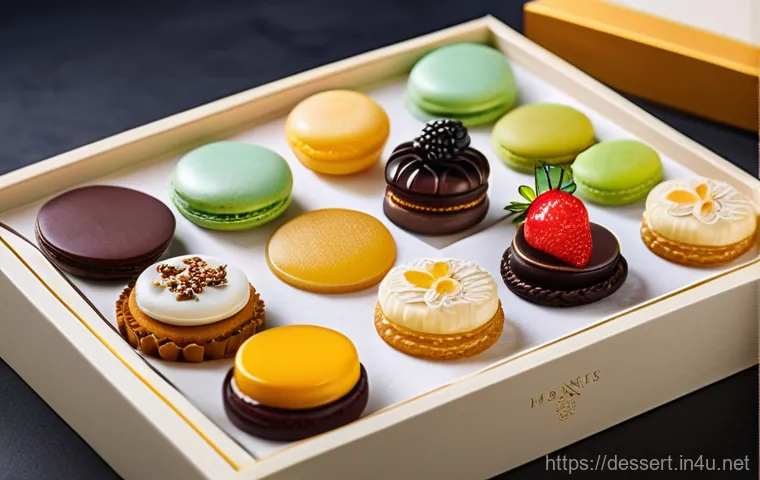 프리미엄 디저트 상자 - A beautifully arranged premium dessert gift box, slightly open, revealing an assortment of exquisite...
