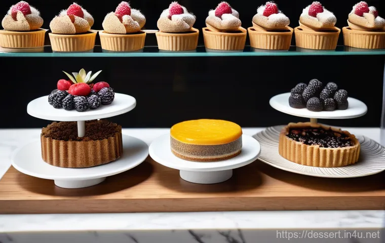 비건 디저트 - **Prompt 1: A display of exquisitely crafted vegan desserts in a chic, sun-drenched cafe.**
A hi...