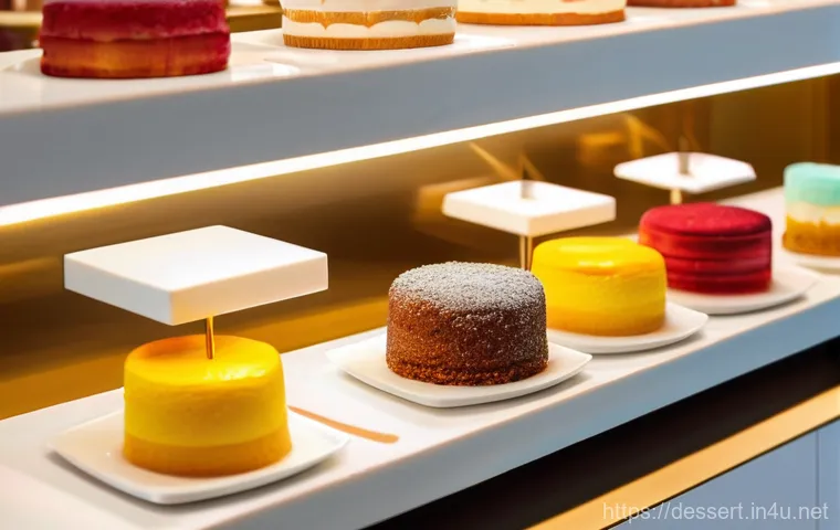 디저트 모양 변화 - **Aesthetic and Trendy Cafe Desserts:**
A vibrant, inviting close-up shot of a modern cafe displ...